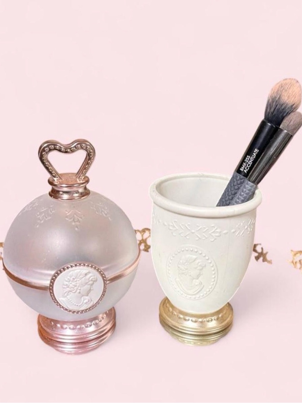 Ladurée Decorative Cameo Makeup Brush Holder and Trinket Box - Cream & Rose Gold